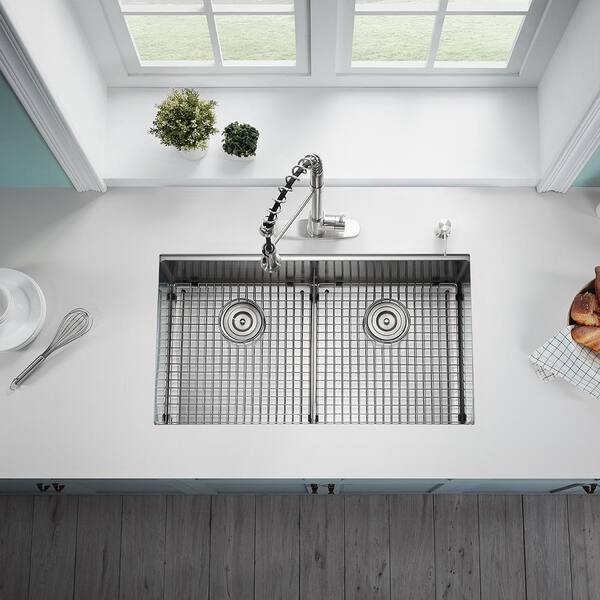 Stainless Steel 36 in. Double Bowl Undermount Kitchen Sink, Thin Divider  and Heavy-Duty Grids