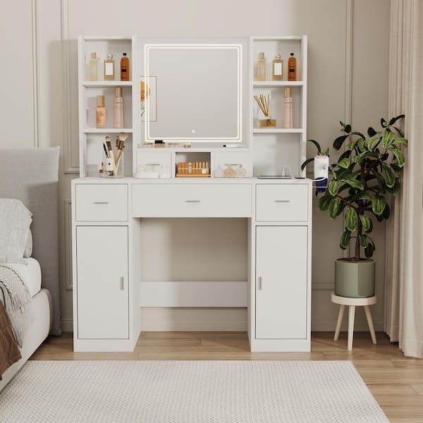 Boosicavelly White 5-Drawer 43.3 in. Wide Dresser with Mirror and 