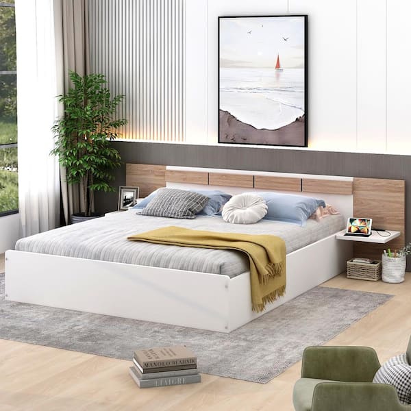 Unbranded White Wood Frame Queen Size Platform Bed with Headboard, Drawers, Shelves, USB Ports and Sockets, Platform Bedframe