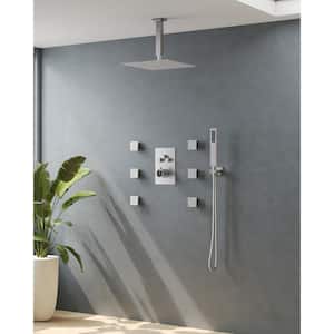 Luxury 7-Spray Patterns Thermostatic 12 in. Ceiling Mount Rainfall Dual Shower Heads with 6-Jet in Brushed Nickel