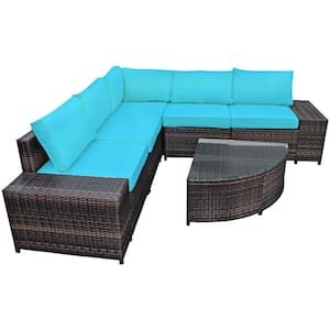 6-Piece Wicker Patop Conversation Set Sectional Sofa Set with Arc-Shaped Table Turquoise Cushions