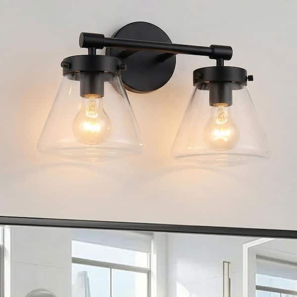 Gleam 15.25 in. 2-Light Matte Black Vanity Light with Clear Glass Shades