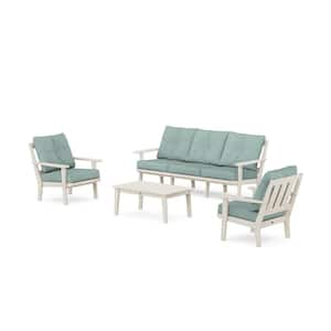 Oxford 4-Pcs Plastic Patio Conversation Set with Sofa in Sand/Glacier Spa Cushions