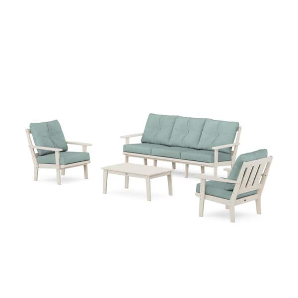 POLYWOOD Oxford 4-Pcs Plastic Patio Conversation Set with Sofa in Sand/Glacier Spa Cushions