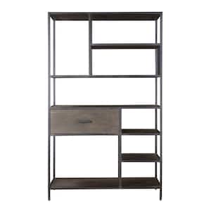 Ancia 70 in. Smoke Grey Wood and Iron One Drawer Bookcase
