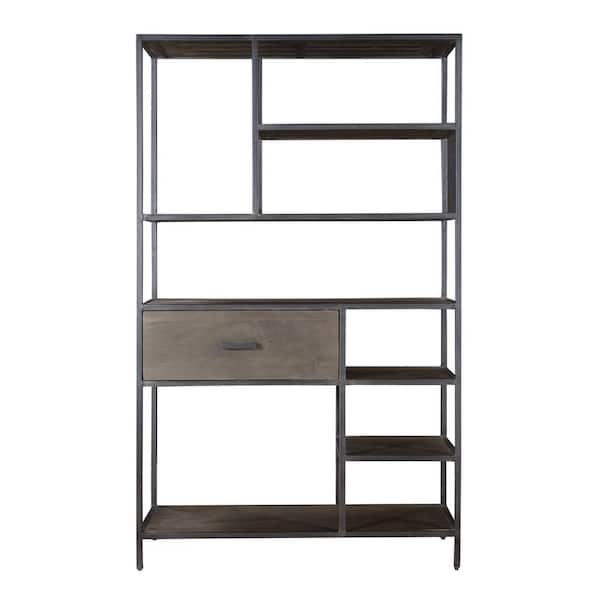 Coast To Coast Accents Ancia 70 in. Smoke Grey Wood and Iron One Drawer Bookcase