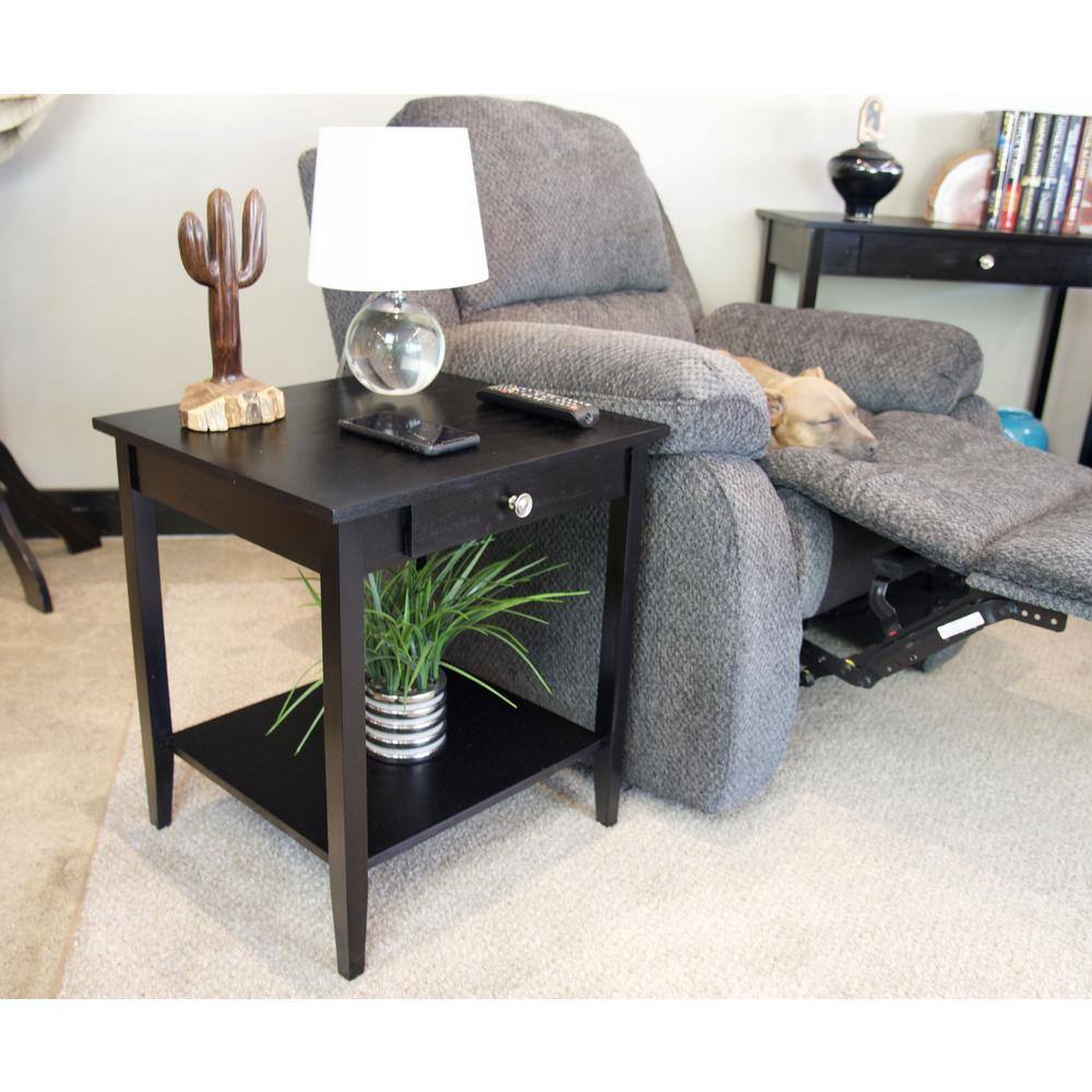 Black Solid Acacia Wood End Table with Drawer and Shelf