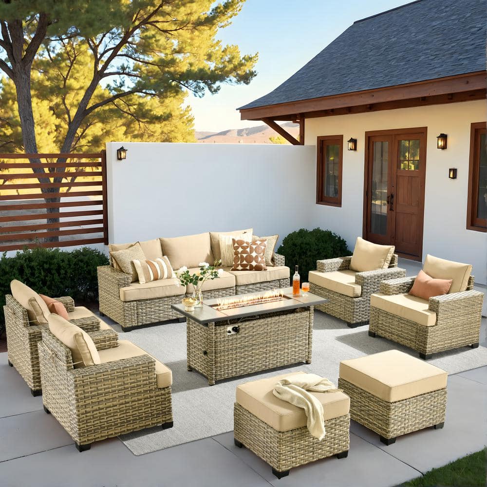 Kelleys 10-Piece Wicker Modern Outdoor Patio Furniture Conversation Sofa Set with a Fire Pit and Beige Cushions