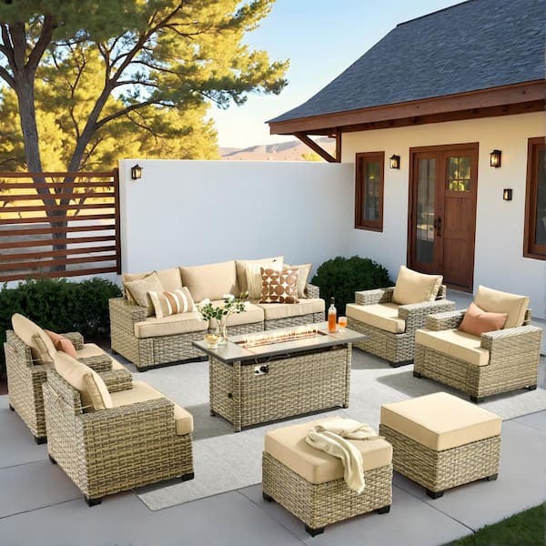 HOOOWOOO Kelleys 10-Piece Wicker Modern Outdoor Patio Furniture Conversation Sofa Set with a Fire Pit and Beige Cushions
