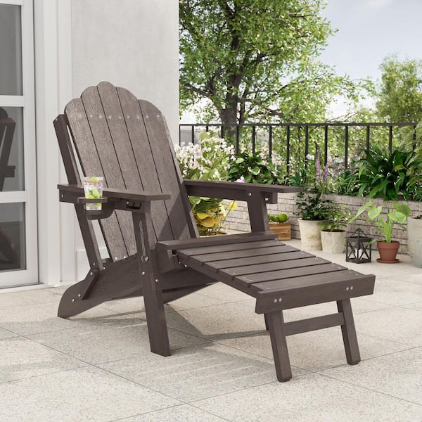 Coffee Plastic 3-Position Adjustable Folding Adirondack Chair with Ottoman and Cup Holder Outdoor Patio Chair