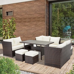 Black 7-Piece Wicker Patio Conversation Set with White Cushions