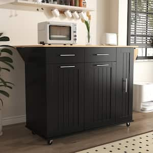 Black Wood 46 in. Kitchen Island with Drop Leaf and Wheels