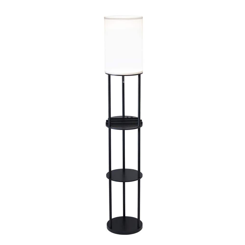 Adesso 3116-01 USB & AC Charging Station Floor Night Lamp with 2 Storage Shelves and Device Holders Black 63