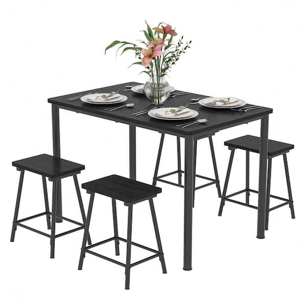 VECELO 5-Piece Small Dining Table Set with Stools for 4, Industrial Kitchen Table and Chairs Set for Apartments-Black MDF Top