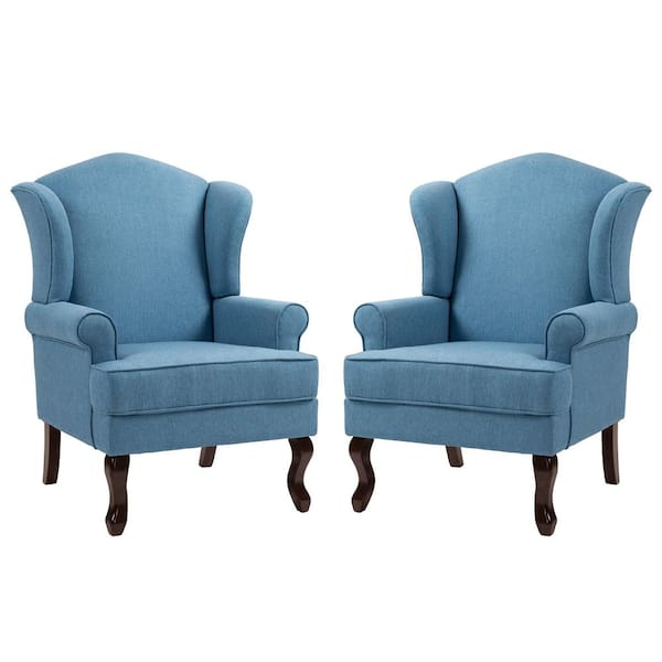 Sky Blue Linen Rubber Wood Legs Upholstered Accent Arm Chair with Wingback(Set of 2)