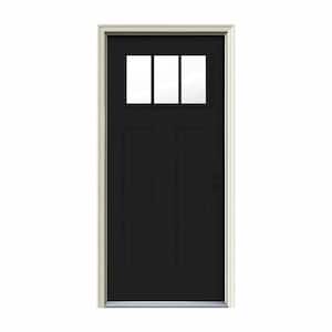 32 in. x 80 in. 3 Lite Craftsman Black Painted Steel Prehung Left-Hand Inswing Front Door w/Brickmould