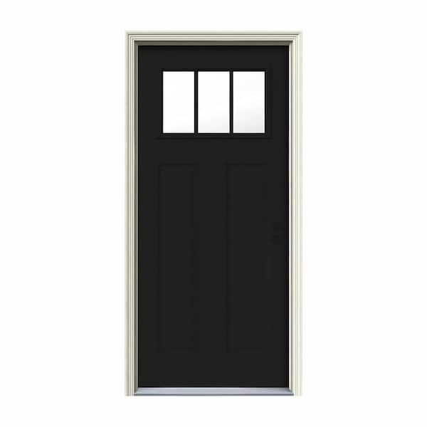 JELD-WEN 32 in. x 80 in. 3 Lite Craftsman Black Painted Steel Prehung Left-Hand Inswing Front Door w/Brickmould