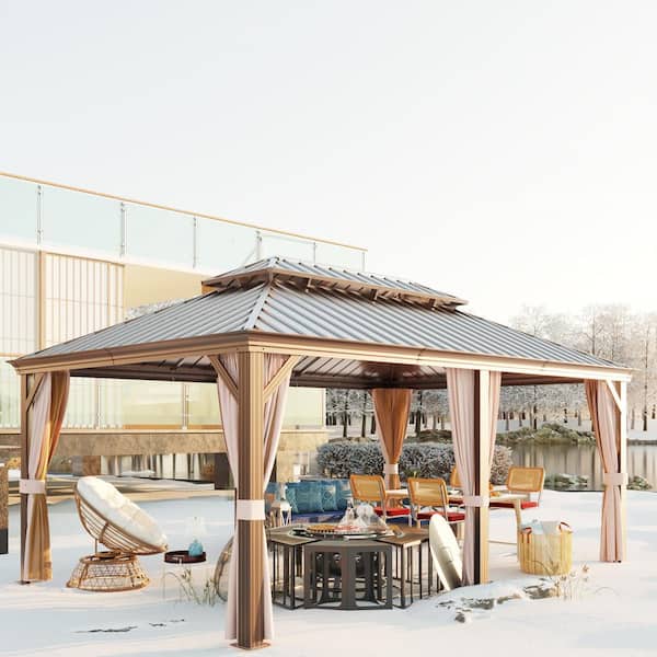 12 ft. x 18 ft. Aluminum Outdoor Gazebo with Double Galvanized Steel Roof, Ceiling Hook, Mosquito Netting and Curtains