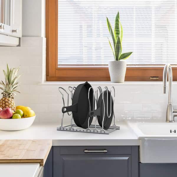 Heavy Duty Pan and Pot Lid Rack with 5 Adjustable Dividers, Chrome Cookware Organizer for Kitchen Cabinet