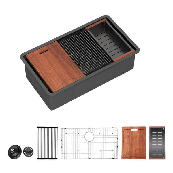 33 in. Undermount Single Bowl 16-Gauge Stainless Steel Kitchen Workstation Sink with Integrated Ledge and Accessories