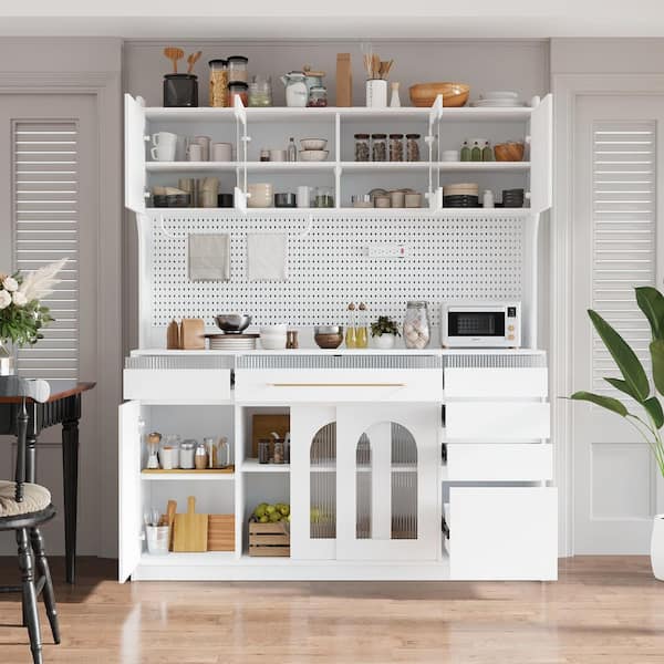White Wood Freestanding Pantry Organizer with Hutch, 6-Drawers, Adjustable Shelves, Pegboard, Towel Rack, Power Outlet