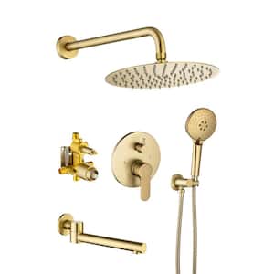 3-Spray Patterns with 2.5 GPM 10 in. Wall Mount Dual Shower Heads with 180-Degree Rotation Tub Spout in Brushed Gold