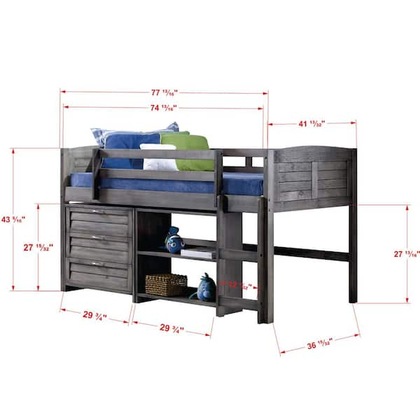 Donco Kids Antique Grey Twin Louver Low Loft Bed with 3-Drawer 