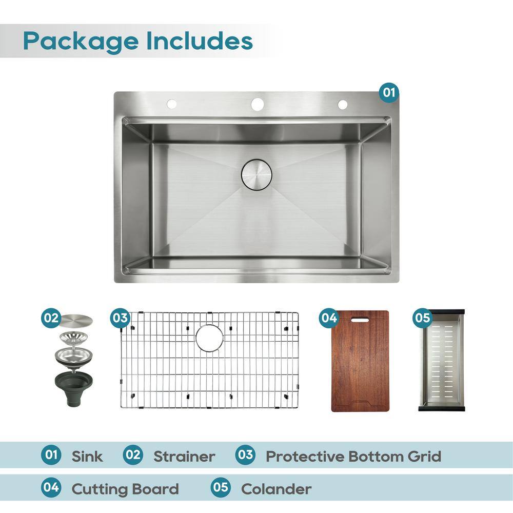 33'' Brushed Stainless Steel Single Bowl Drop-In Workstation Sink