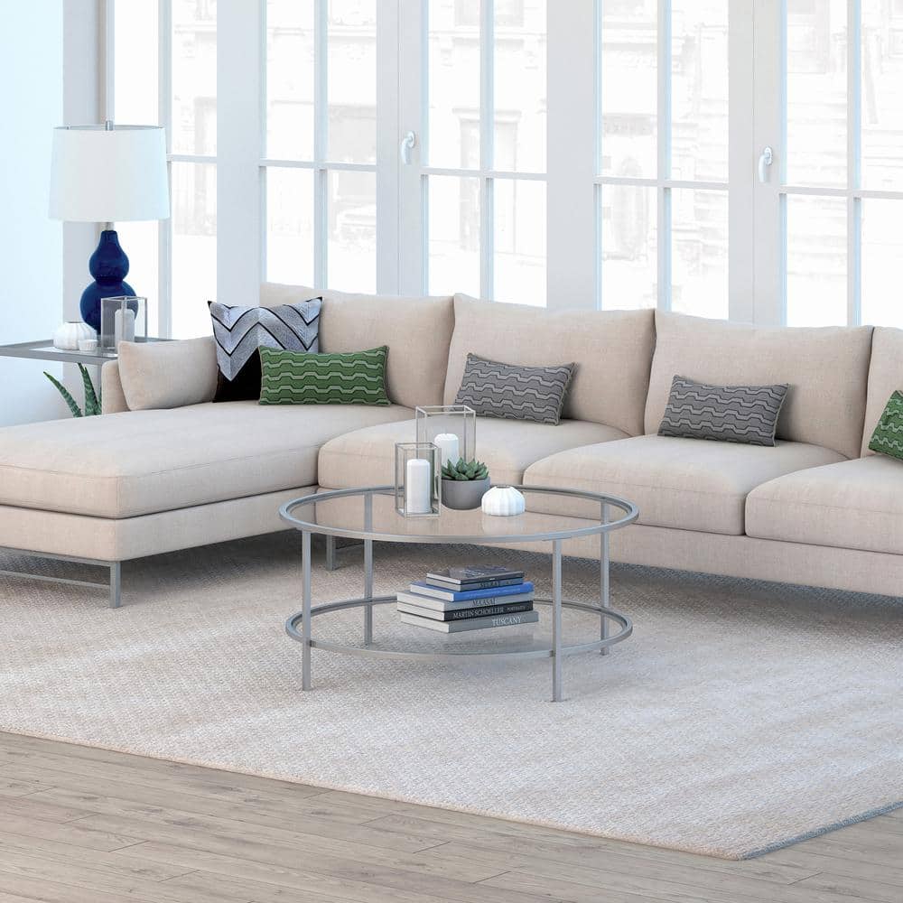 Round Nickel and Glass Coffee Table with Shelf