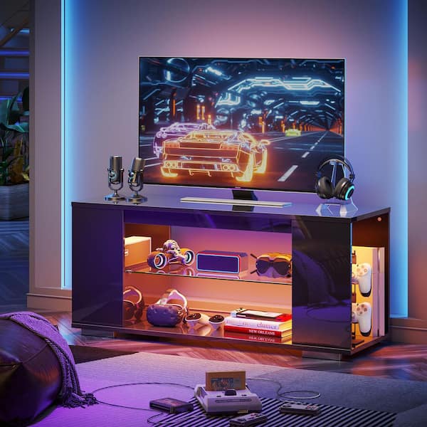 47 in. Black High Glossy TV Stand for TVs up to 55 in. Media Console with LED Lights and Open Storage Shelves