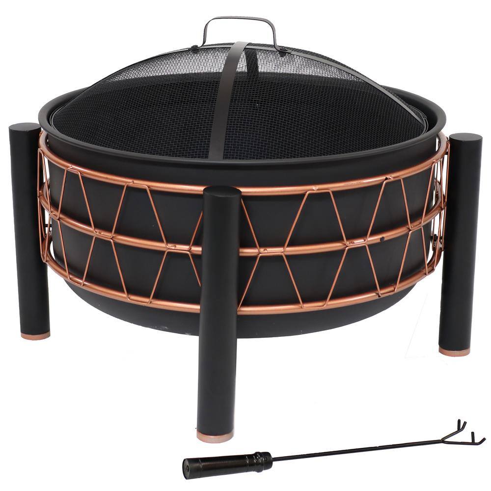 32-Inch Black Steel Fire Pit with Bronze Trapezoid Design