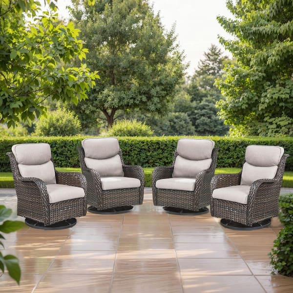 Carolina 4-Piece Brown Wicker Outdoor Swivel Glider Chairs with Thick Beige Cushion
