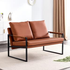 Modern Brown 2-Seater Arm Chair with 2 Pillows,PU Leather,High-Density Foam,Black Coated Metal Frame