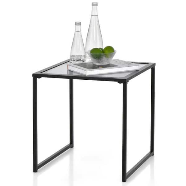 17 in. W Outdoor Side Table Square Tempered Glass Top Coffee Table with Black Metal Frame for Patio, Porch or Bistro