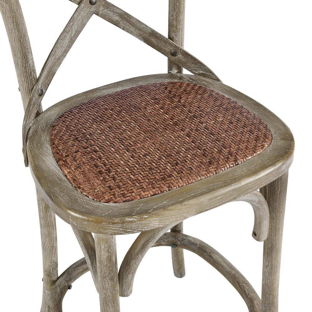 Farmhouse Charm Gray Elm Wood Counter Stool with Woven Rattan Seat