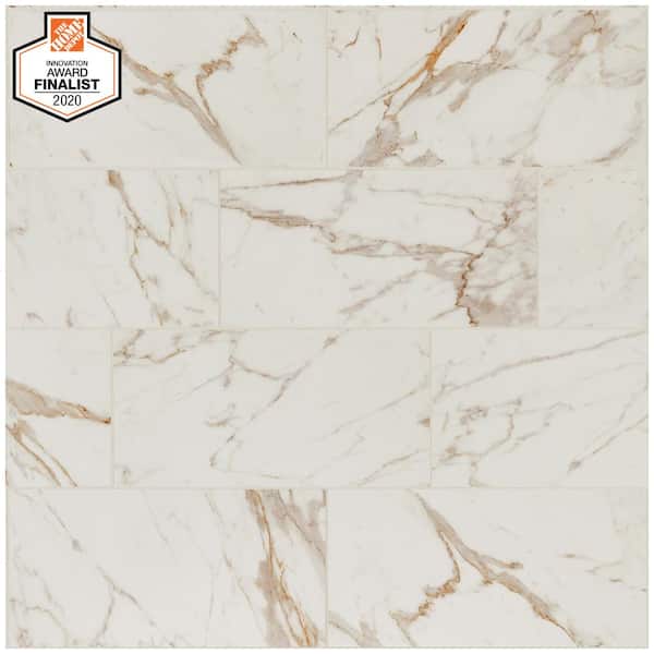 Daltile QuicTile 12 in. x 24 in. Calacatta Marble Polished Porcelain Locking Floor Tile (1.92 sq. ft. / piece)