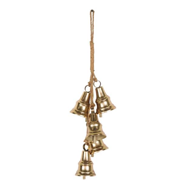 Litton Lane 6 in. x 25 in. Gold Metal Cascading Cluster Decorative Bells with Jute Hanging Rope
