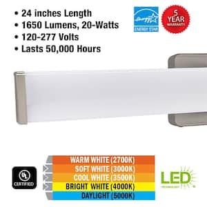 Grantham 24 in. Brushed Nickel LED Vanity Light Bar Bathroom Lighting Adjustable Color Warm White to Daylight 120-277V