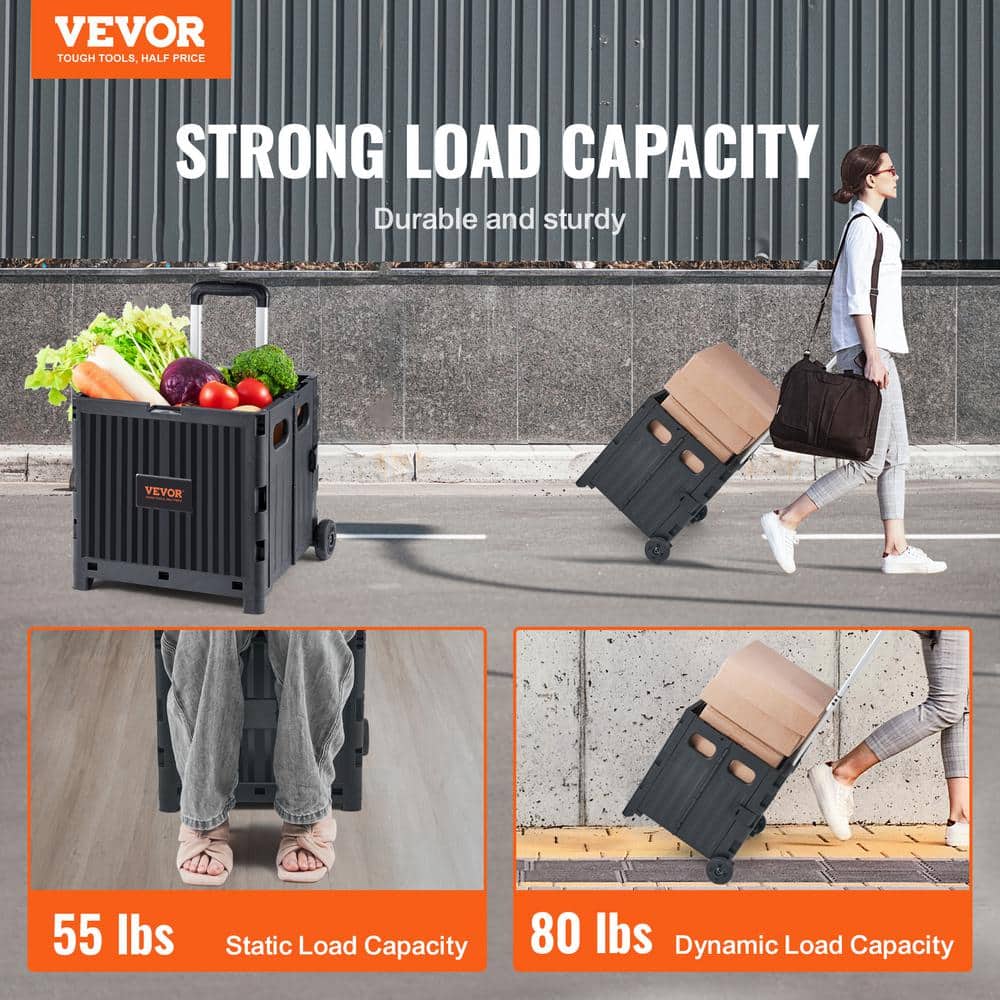Black Polypropylene Folding Portable Rolling Handcart with Telescoping Handle