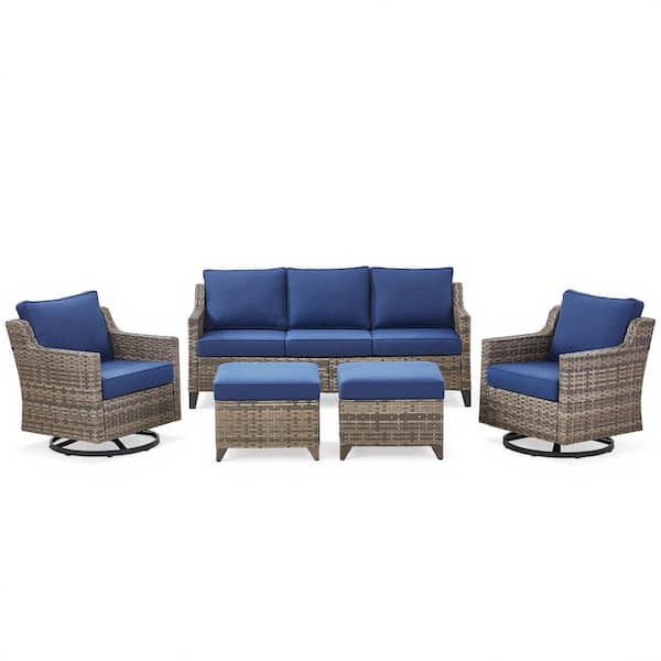 5-Piece Wicker Patio Conversation Set Outdoor Lounge Chairs, with Swivel Chairs, Sofa, Footstool and Blue Cushions