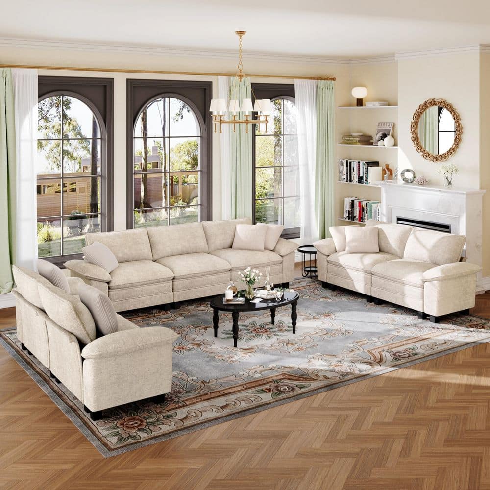 123.6 in. Flared Arm 7-Seat Chenille Modular Sectional Sofa in. Beige with Throw Pillows for Living Room