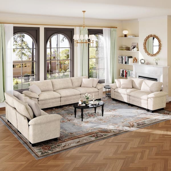 123.6 in. Flared Arm 7-Seat Chenille Modular Sectional Sofa in. Beige with Throw Pillows for Living Room