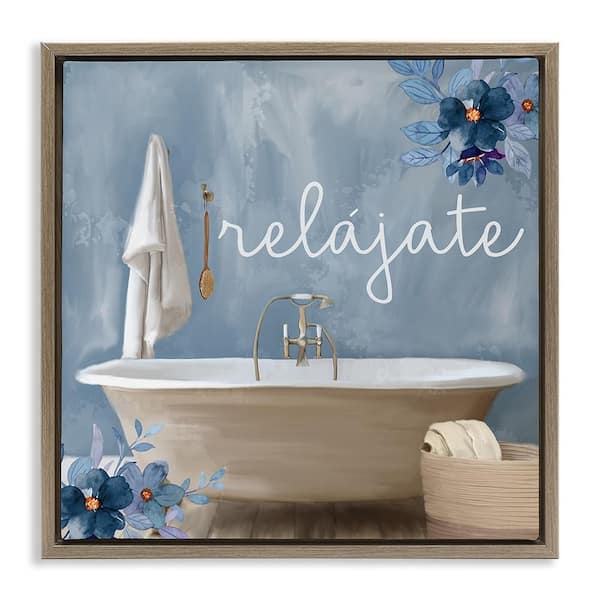 Stupell Industries Relax with Bathtub by Kim Allen Brown Floater Frame Typography Graphic Art Print 25 in. x 25 in.