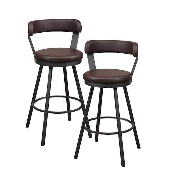EVERGLADE HOME Avignon 40.5 in. Mottled Silver Low Back Metal Frame Swivel Bar Stool with Brown Faux Leather Seat (Set of 2)
