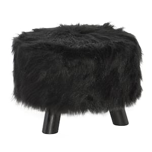 Daisy Black Faux Fur Polyester Round Accent 16 in. Ottoman