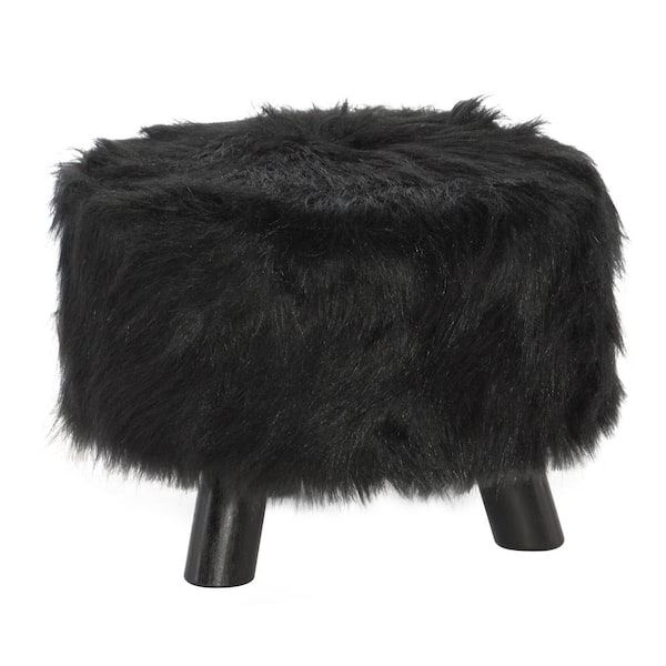 Linon Home Decor Daisy Black 16" Round Faux Fur Foot Stool with Black Finished Legs