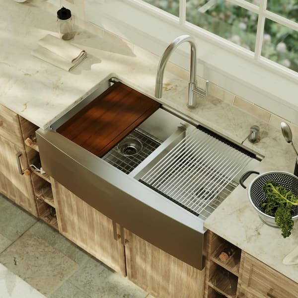 36 in. Farmhouse/Apron-Front 50/50 Double Bowl 16-Gauge Stainless Steel Workstation Kitchen Sink