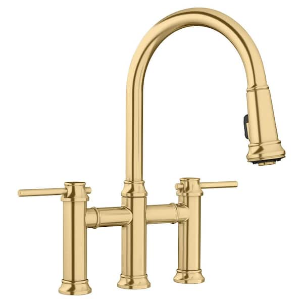Blanco EMPRESSA Double Handle Gooseneck Bridge Kitchen Faucet with Pull-Down Sprayer in Satin Gold