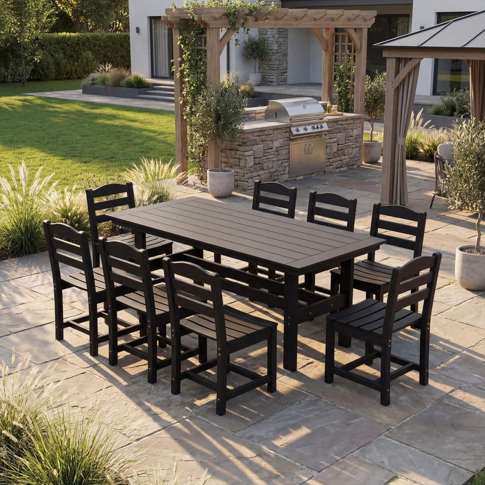 Black 9-Piece Durable HDPE Rectangular Patio Outdoor Dining Set with 8 Armless Chairs and Table with Umbrella Hole price history on PriceWatchPro