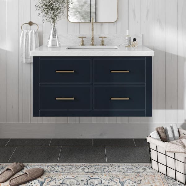 ARIEL Hutton 36 in. W x 22 in. D x 19.6 in. H Bath Vanity in Midnight Blue with Carrara White Marble Top